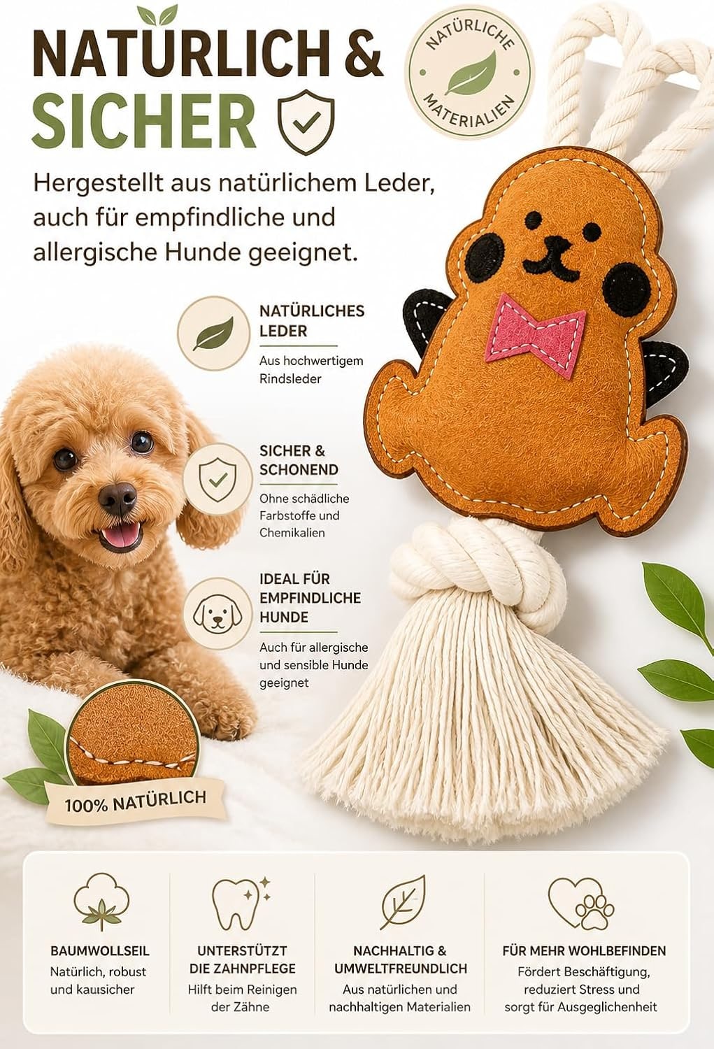 Leather Dog Toy Rabbit, For Small & Mini Dogs, Bite Resistant & Durable, Dental Care & Gum Massage, Chew Toy for Training & Behavior Correction