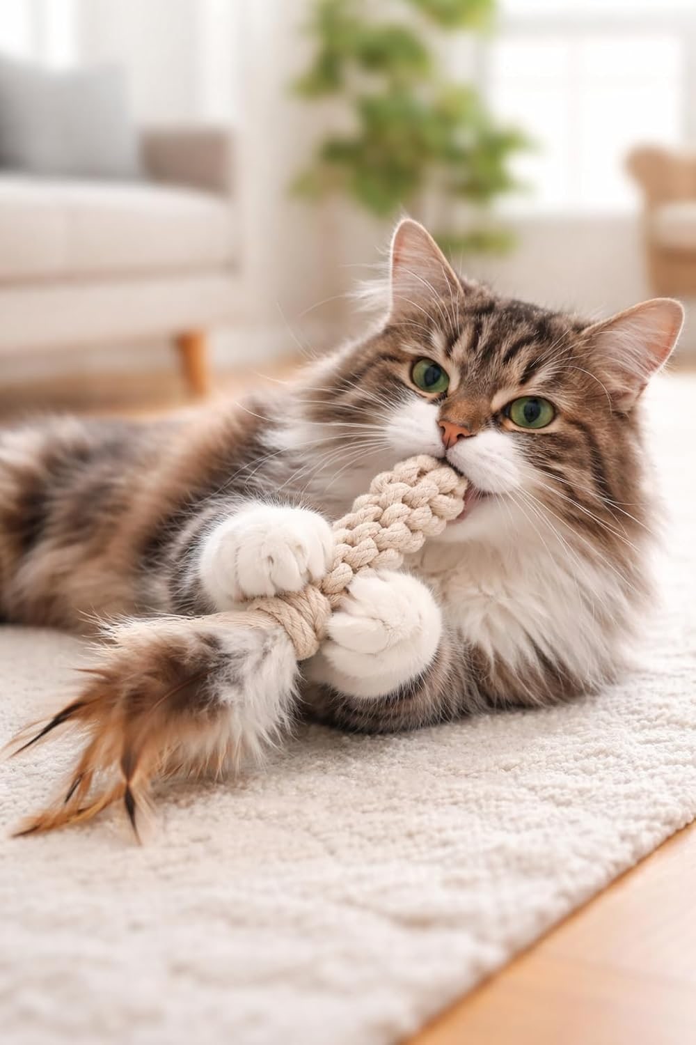 Cat Toy Rope with Feathers, Cotton, Matatabi, Dental Care & Stress Relief, Interactive, for Cats & Kittens