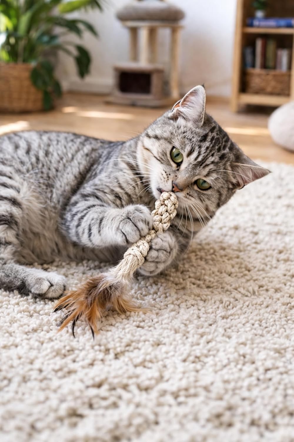 Cat Toy Rope with Feathers, Cotton, Matatabi, Dental Care & Stress Relief, Interactive, for Cats & Kittens