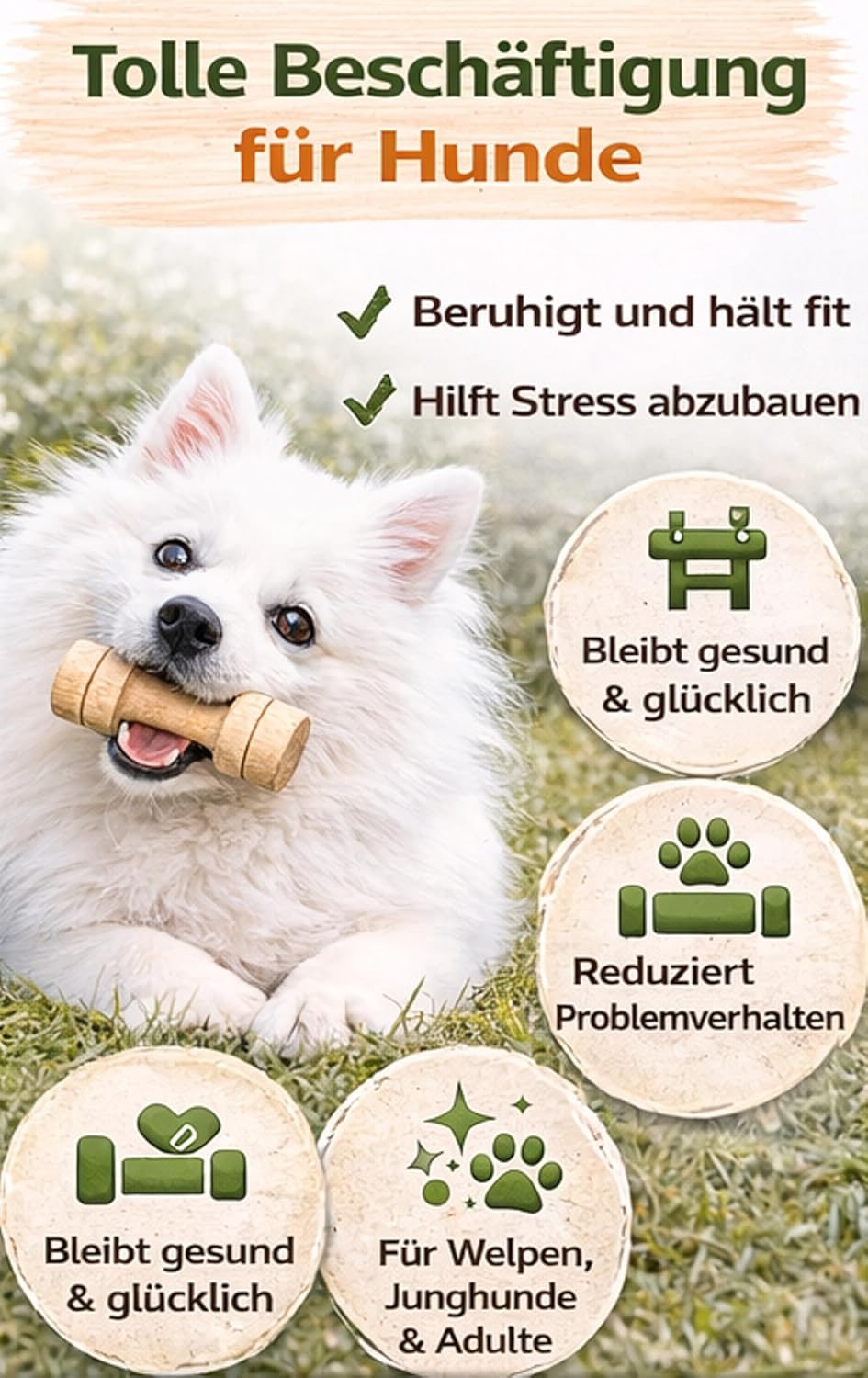Dog Training Toy Wooden Dumbbell SS 11 cm - Anti-Chew Toy for Dogs, Natural Wood, Behavior Training, Stress Relief, Robust, for Small Dogs