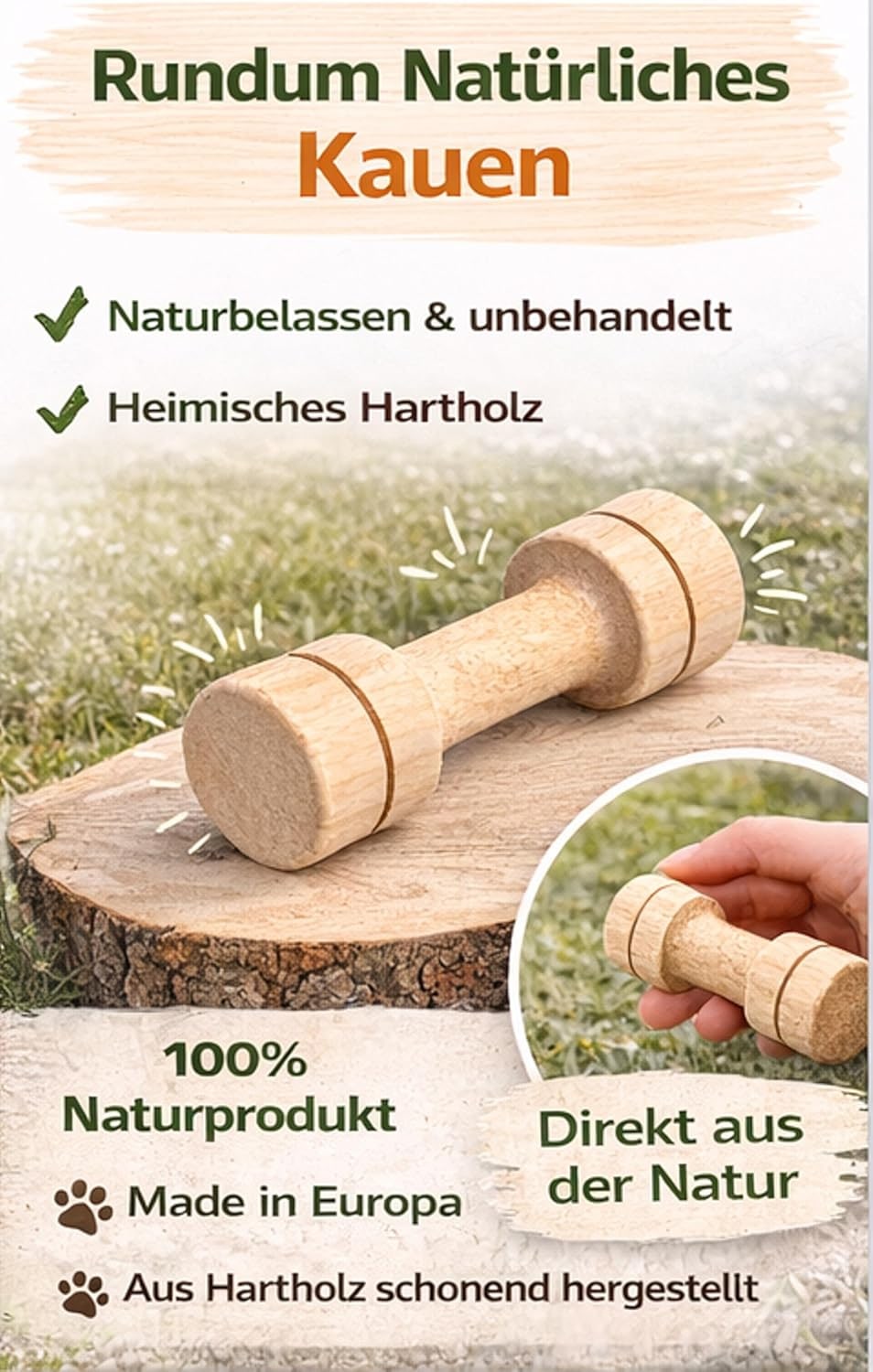 Dog Training Toy Wooden Dumbbell SS 11 cm - Anti-Chew Toy for Dogs, Natural Wood, Behavior Training, Stress Relief, Robust, for Small Dogs