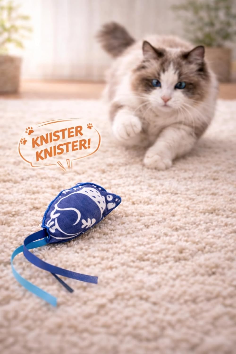 Matatabi Cat Toy Cushion with Crinkle Effect & Ribbons - Interactive Cat Cushion with Silvervine Cat Toy for Biting & Kicking, Stress Relief, 14 × 6.5 cm
