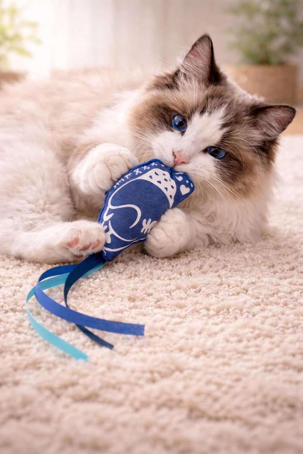 Matatabi Cat Toy Cushion with Crinkle Effect & Ribbons - Interactive Cat Cushion with Silvervine Cat Toy for Biting & Kicking, Stress Relief, 14 × 6.5 cm