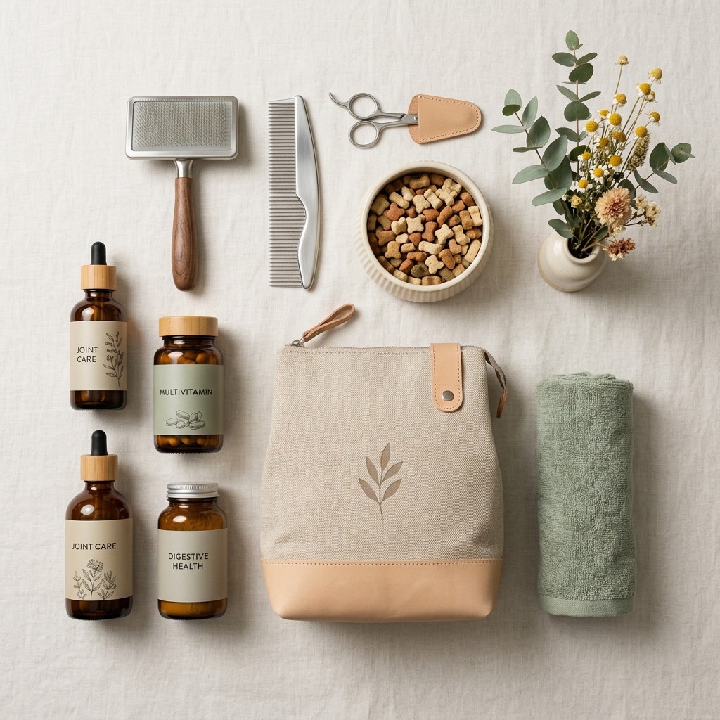 Premium pet care supplies arranged with Japanese precision